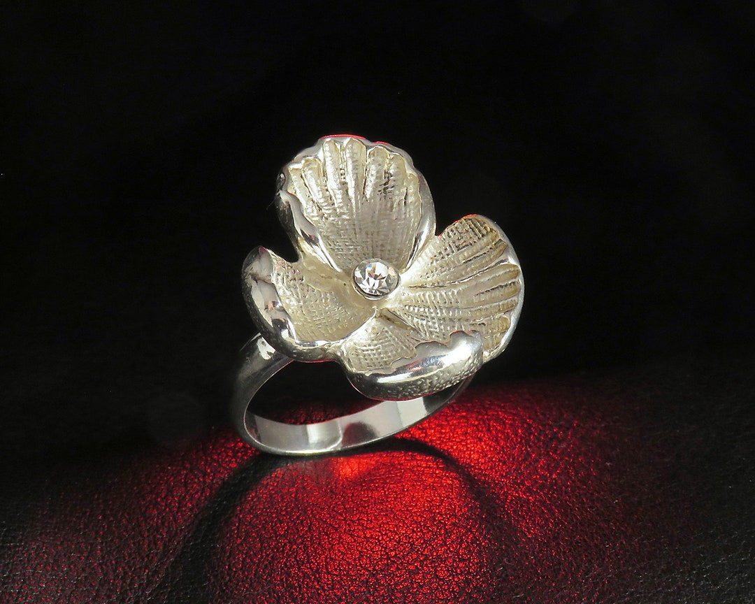 Cute Flower Ring With Cubic Zirconia, Sterling Silver, Floral Ring