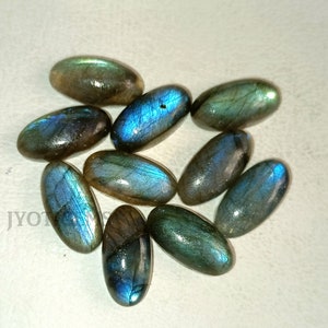 May include: Ten oval-shaped labradorite gemstones with a blue-green iridescent sheen. The stones are arranged in a loose cluster on a white surface.