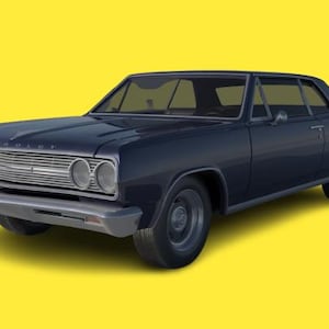 Könnte beinhalten: Ein dunkelblauer Chevrolet Chevelle Malibu Oldtimer aus dem Jahr 1965 mit Chrom-Akzenten vor einem gelben Hintergrund.