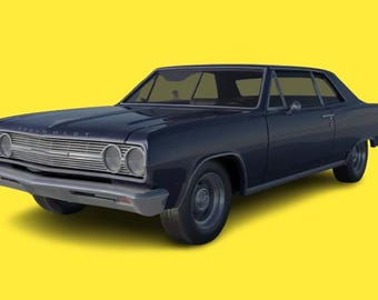 May include: A dark blue 1965 Chevrolet Chevelle Malibu classic car with chrome accents and a yellow background.