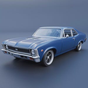 Peut inclure: Une voiture coupé bleue classique avec des accents chromés, une calandre avant proéminente et l'emblème SS. La voiture a un design élégant avec des pneus à jantes blanches et un intérieur sombre, sur fond uni.