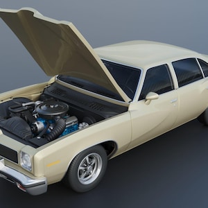 Op de afbeelding: Een beige klassieke auto met de motorkap open, waardoor de motor zichtbaar is. De auto heeft chromen bumpers en sierlijsten, en de wielen zijn zilverkleurig. De auto staat tegen een grijze achtergrond.