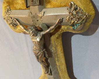 Crucifix Metal Cast Wall Cross Faded Worn Velvet Shabby Chic Christian Stoup Benetier Holy Water Font Ancient Condition Interior Design