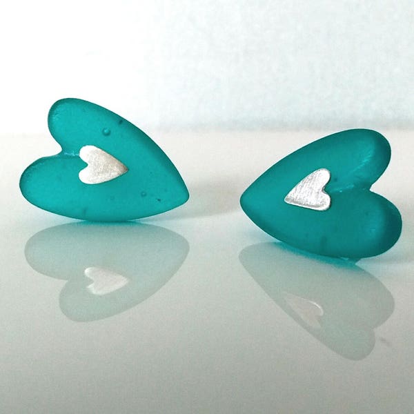 Resin Heart Studs - aqua resin & satin silver hearts