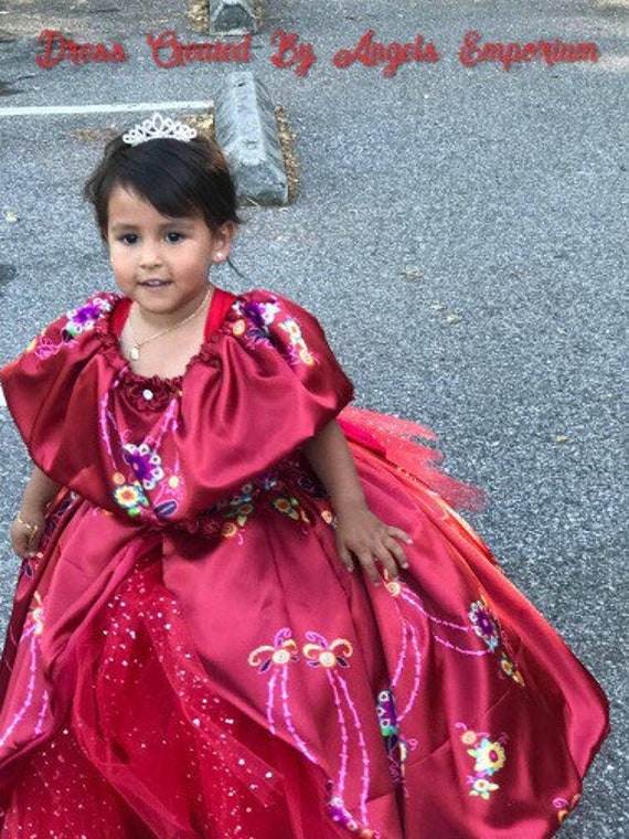 Elena of Avalor Inspired Tutu Dress Ball Gown Latin Princess Costume Red Sparkly Glitter Luxury Sain Elena Print Overlay Skirt Pageant Party