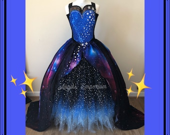 Ladies Stunning Glittering Galaxy Tutu Dress Swarovski Black Blue Ball Gown Party Pageant Halloween Costume Space Moon Stars Chiffon Skirt