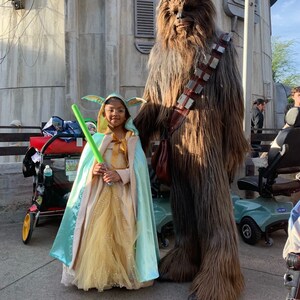 Puede incluir: Una ni&ntilde;a vestida como un personaje de Star Wars se encuentra junto a un Chewbacca disfrazado. La ni&ntilde;a lleva un vestido azul claro y dorado con una capa y un sable de luz verde. Chewbacca lleva un disfraz de piel marr&oacute;n con un bandolero.
