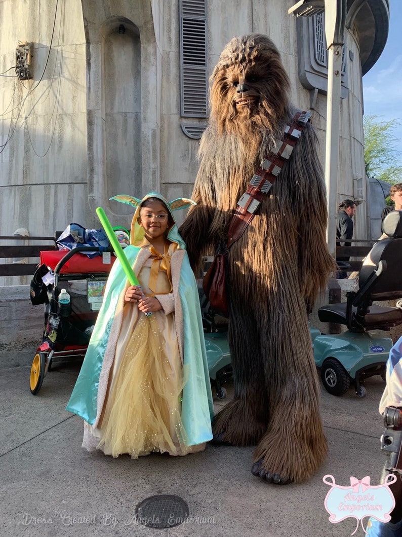 Puede incluir: Una ni&ntilde;a vestida como un personaje de Star Wars se encuentra junto a un Chewbacca disfrazado. La ni&ntilde;a lleva un vestido azul claro y dorado con una capa y un sable de luz verde. Chewbacca lleva un disfraz de piel marr&oacute;n con un bandolero.