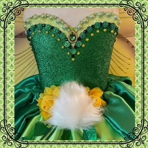 Luxury Tinkerbell Inspired Tutu Dress Green Yellow Woodland Fairy Princess Costume Wings Pom Poms Tink Cosplay Ball Gown Satin Leaf Skirt image 5