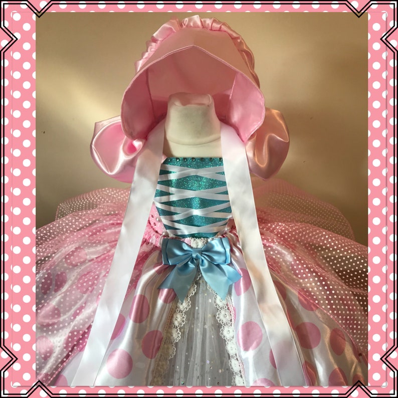 Little BO PEEP Tutu Dress Toy Story Costume Baby Pink Polka Dot Princess Satin Ball Gown Pioneer Bonnet Pageant Birthday Party Halloween