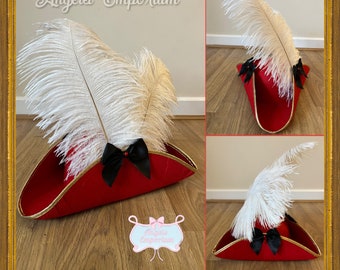 Acessório Add On Capitão Gancho Chapéu Tricorn Pirata Peter Pan Fantasia de Halloween Festa de Aniversário Vermelho Ouro Concurso Cosplay Penas de Avestruz