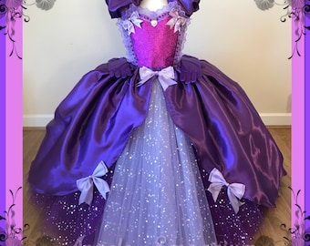 Purple Lilac Princess Cinderella Inspired Tutu Dress Ball Pageant Costume Luxury Satin Gown Glitter Long Sparkly Tutu Dress With Gloves
