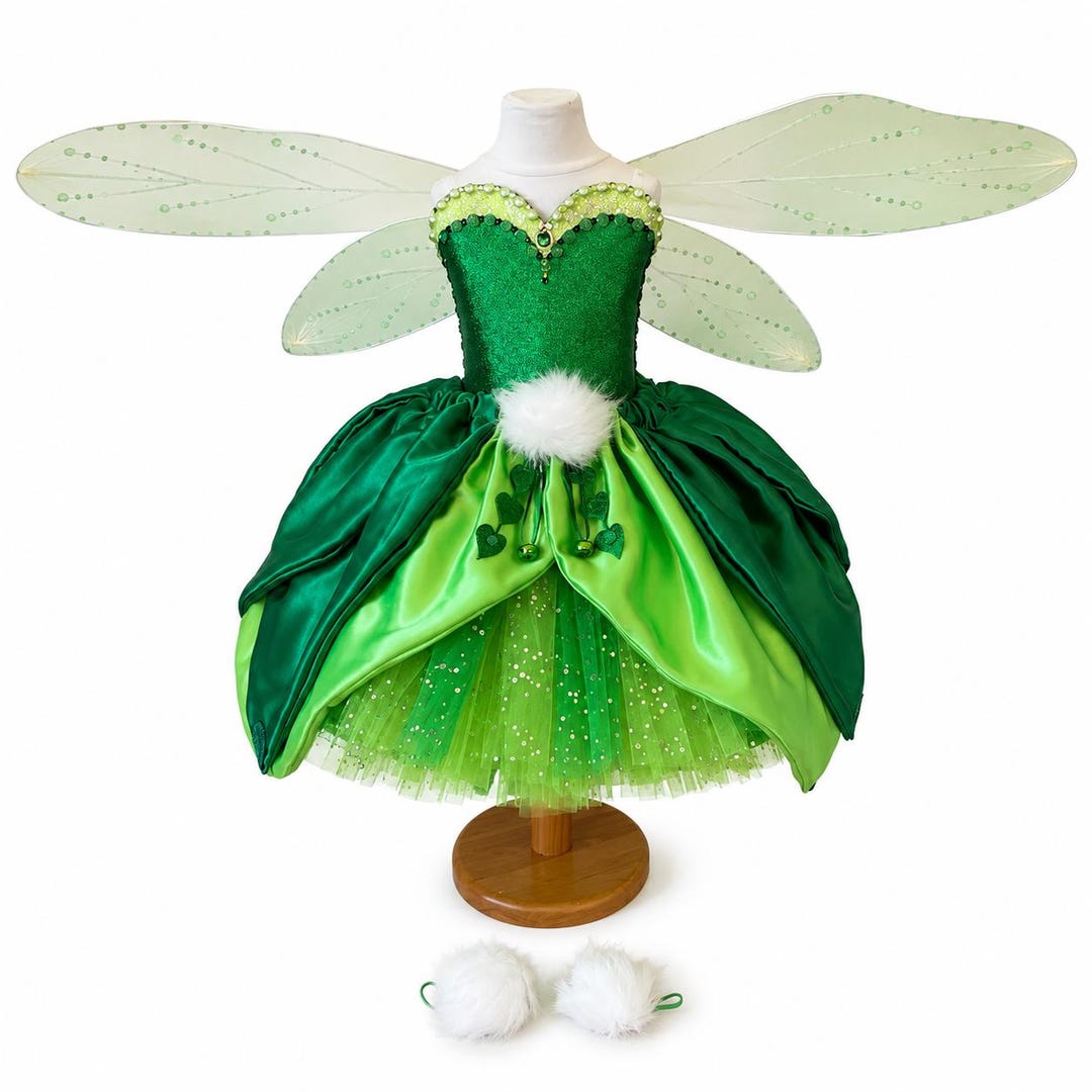cute tinkerbell dress Luxury Inspired Tutu Emerald Green Woodland Fairy Princess Costume Wings Pom Poms Tink Cosplay Ball Gown Satin Leaf Skirt This is a beautiful tinkerbell outfit ideas The back has a Combined Color:Black include.sale