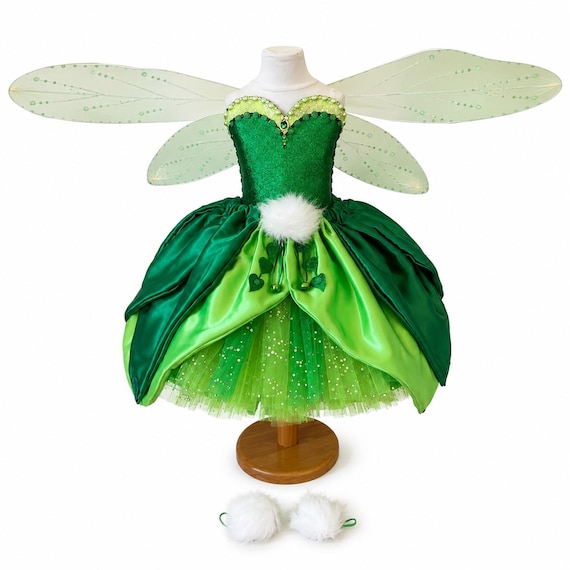 cute tinkerbell dress Luxury Inspired Tutu Emerald Green Woodland Fairy Princess Costume Wings Pom Poms Tink Cosplay Ball Gown Satin Leaf Skirt and our exclusive Disney Color:Luna cuff:convertible Halloween Black Prom Dresses –