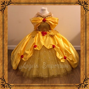 The Original Princess Belle from Beauty and the Beast Inspired Tutu Dress Ball Pageant Costume Luxury Satin Gown Yellow Red Roses Gold Tutu image 2
