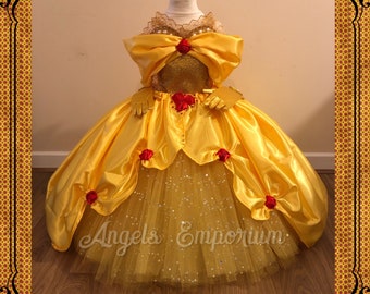 The Original Princess Belle from Beauty and the Beast Inspired Tutu Dress Ball Pageant Costume Luxury Satin Gown Yellow Red Roses Gold Tutu