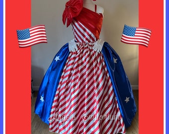 United States Of America Patriotic Costume National Independence Day Red White Blue Satin Tutu Dress Gown Pageant Ball Princess Outfit Flag