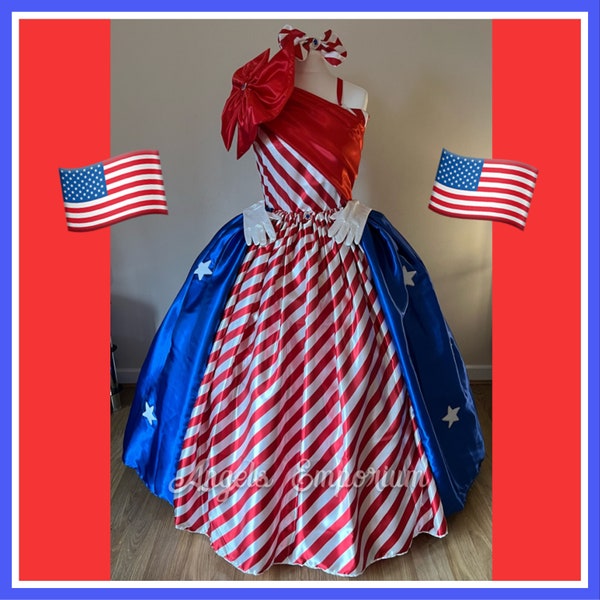 United States Of America Patriotic Costume National Independence Day Red White Blue Satin Tutu Dress Gown Pageant Ball Princess Outfit Flag