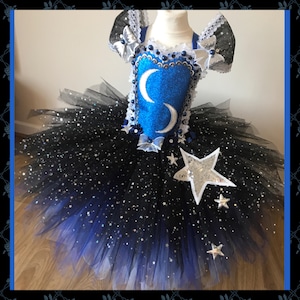 The Moon & Stars Halloween Costume Tutu Party Dress Sparkly Pageant Gala Ball Gown Black and Blue Tutu A Unique Gift. image 2