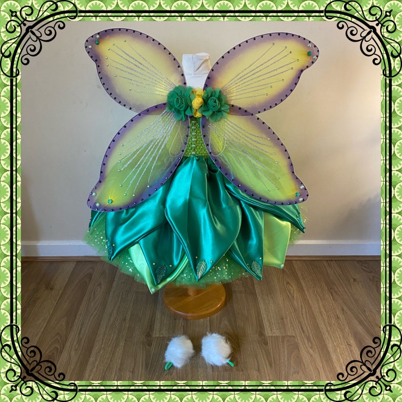 Luxury Tinkerbell Inspired Tutu Dress Green Yellow Woodland Fairy Princess Costume Wings Pom Poms Tink Cosplay Ball Gown Satin Leaf Skirt image 7