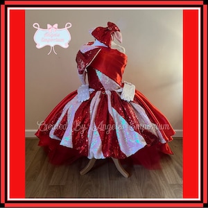 Deluxe Holiday Sequin Sparkle Christmas Candy Cane Festive Season Low High Tutu Dress Xmas Pageant Costume Luxury Red White Satin Headband