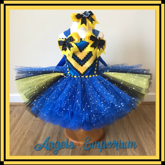 Finding Dory Nemo Inspired Tutu Dress Cosplay Costume Glitter Sparkles Pageant Party Dress Matching Hair clip Royal Blue Black Yellow Bows