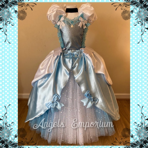 Princess Cinderella Inspired Tutu Dress Ball Pageant Costume Luxury Satin Gown Blue Glitter Long Sparkly Tutu Dress With Gloves And Necklace