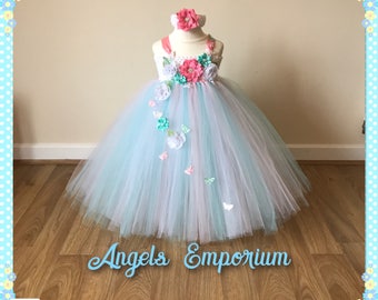 Pretty Butterfly & Flower Embellished Tutu Dress Flower Girl Party Occasion Birthday Gala Ball Gown Dress Pink White Aqua Mint Green.