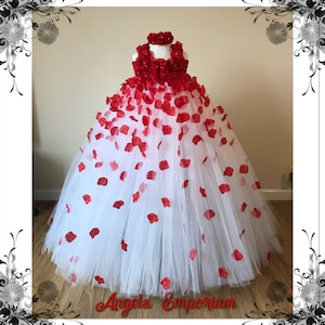 Beautiful Red And White Flower Girl Tutu Dress Embellished with Petals. Bridesmaids Weddings Christening Special Occasions.
