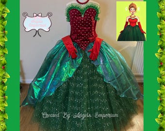 Adult Woman’s Martha May Whovier The Grinch Inspired Red Green Christmas Tutu Dress Glitter Sparkling Gown Pageant Party Halloween Costume