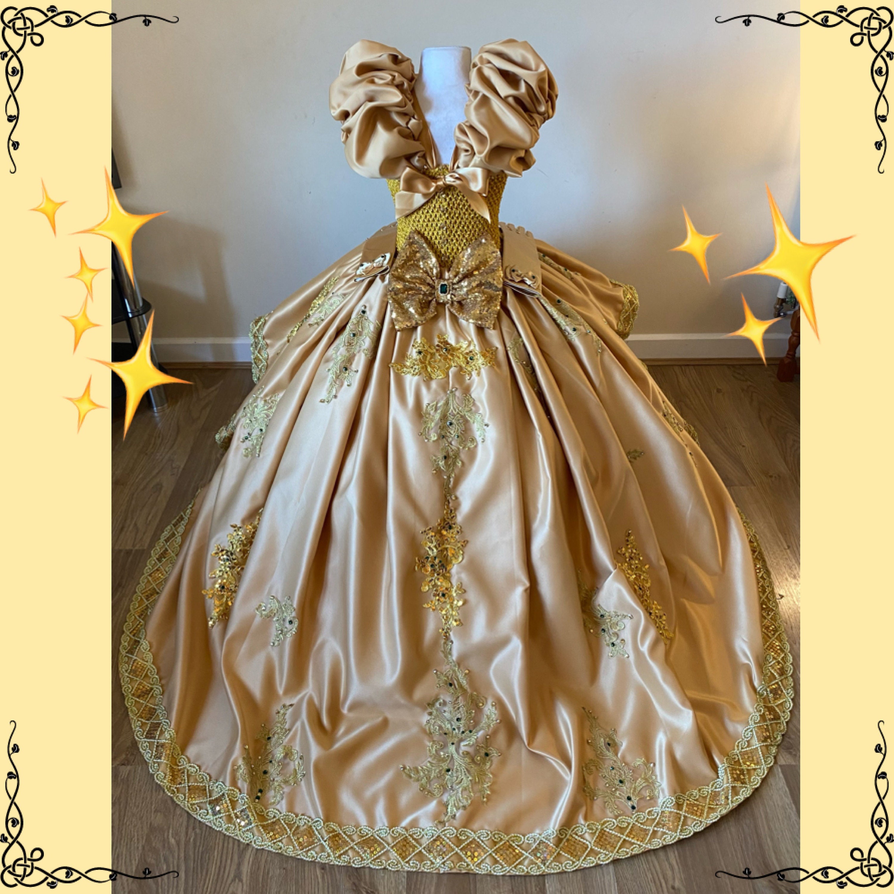gold dress with long sleeves Princess Off-Shoulder Studded Floral Ball Gown – Retro Fairy