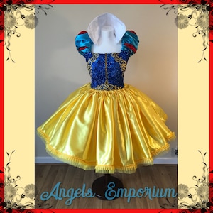Snow White Inspired Tutu Dress Cosplay Costume Princess Satin Ball Gown Pageant Birthday Party Adult Size Medieval Royal Blue Red Yellow