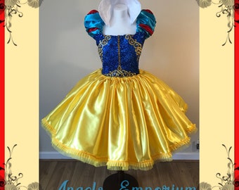 Snow White Inspired Tutu Dress Cosplay Costume Princess Satin Ball Gown Pageant Birthday Party Adult Size Medieval Royal Blue Red Yellow