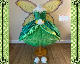 Luxe Tinkerbell Geïnspireerde Tutu Jurk Groen Geel Bosfee Prinses Kostuum Vleugels Pom Poms Tink Cosplay Baljurk Satijnen Bladrok