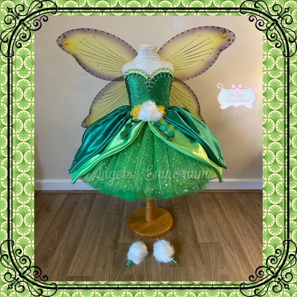 Vestido de tutú inspirado en Tinkerbell de lujo, disfraz de princesa de hadas del bosque amarillo verde, alas, pompones, Tink, vestido de baile, falda de hoja de satén