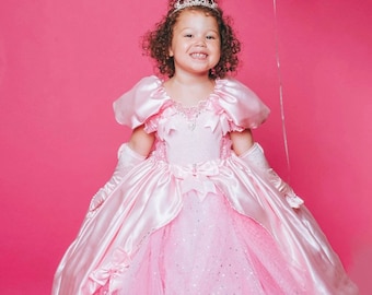Luxury Pink Princess Cinderella Aurora Costume Tutu Dress Satin Ball Gown Pageant Party Pink Glitter Long Sparkly Skirt With Gloves