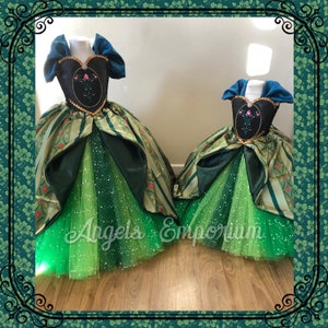 Coronation Dress Inspired By Anna Frozen Princess Tutu Costume Green Black Pageant Ball Gown Satin Skirt With Sparkles Glitter Cosplay