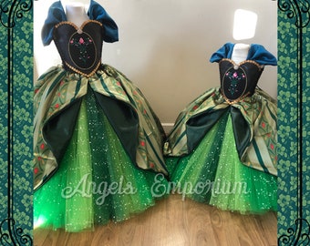 Coronation Dress Inspired By Anna Frozen Princess Tutu Costume Green Black Pageant Ball Gown Satin Skirt With Sparkles Glitter Cosplay