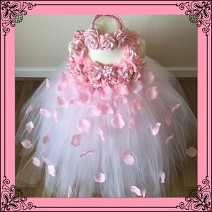 Beautiful Baby Pink Pale Pink Light Pink Flower Girl Tutu Dress Embellished with Petals. Bridesmaids Weddings Christening Special Occasions. image 5