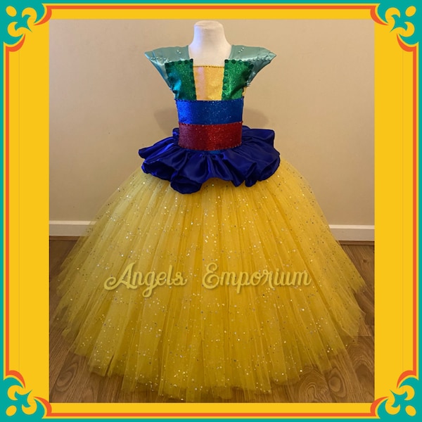 Princess Mulan Inspired Tutu Dress Chinese Ball Gown Pageant Costume Luxury Satin Blue Yellow Glitter Long Sparkly Birthday Party Oufit Gift