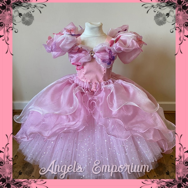 Pink Cinderella Inspired Sparkly Tutu Dress Embellished Swarovski Crystals Butterflies Princess Ball Gown Costume Pageant Birthday Party