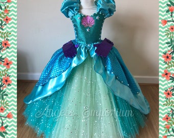 Princess Ariel The Little Mermaid Inspired Tutu Dress Satin Aqua Green Ball Gown Birthday Party Outfit Pageant Wear Halloween Costume Scales