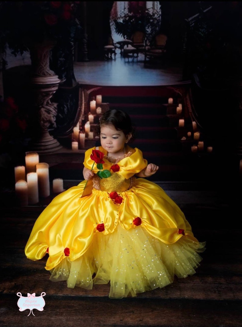The Original Princess Belle from Beauty and the Beast Inspired Tutu Dress Ball Pageant Costume Luxury Satin Gown Yellow Red Roses Gold Tutu image 10