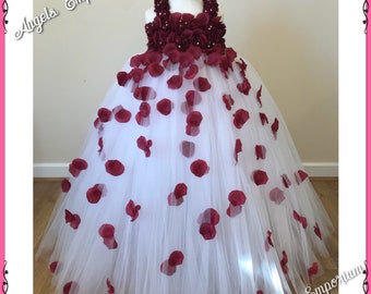 Beautiful Burgundy White Flower Girl Tutu Dress Embellished with Petals. Bridesmaids Weddings Christening Special Occasions.