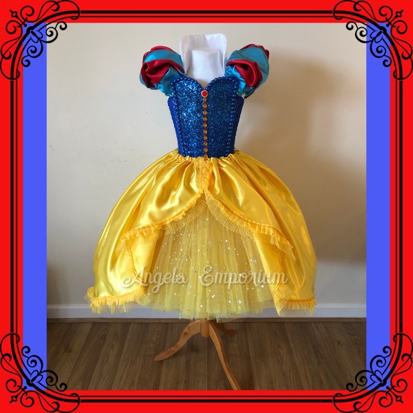 Princess Snow White Inspired Tutu Dress Ball Gown Pageant Costume Luxury Satin Blue Yellow Glitter Short Sparkly Birthday Party Oufit