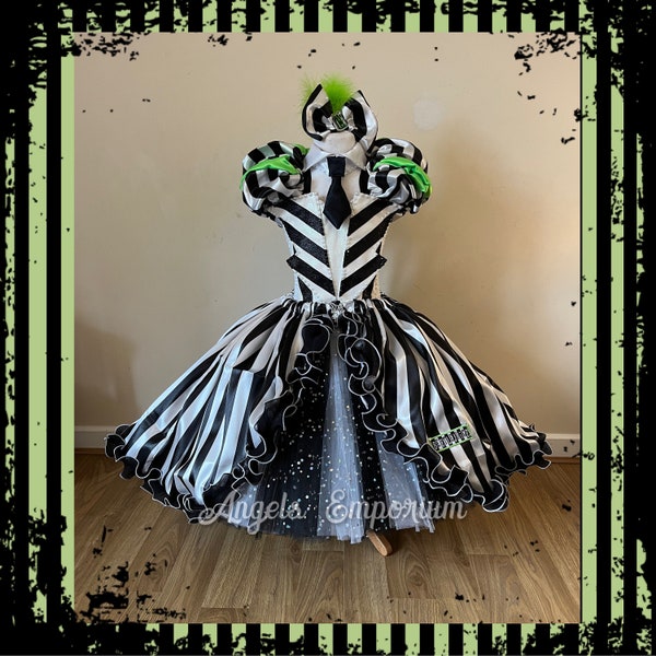 Beetlejuice Inspired Black White Striped Tim Burton Tutu Dress Halloween Costume Party Pageant Princess Gown Musical Cosplay Satin Outfit