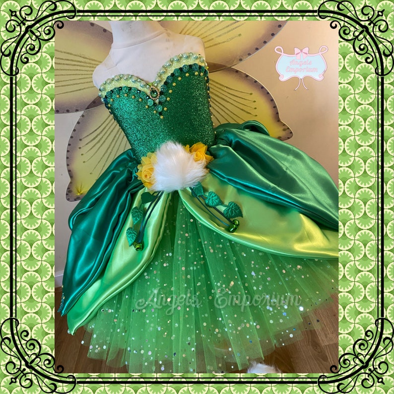 Luxury Tinkerbell Inspired Tutu Dress Green Yellow Woodland Fairy Princess Costume Wings Pom Poms Tink Cosplay Ball Gown Satin Leaf Skirt image 3