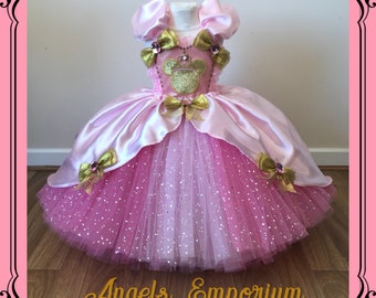 Minnie Mouse Pink Princess Tutu Dress Satin Ball Gown Gold Birthday Party Pageant Halloween Glitter Sparkles Celebration Cosplay Disney