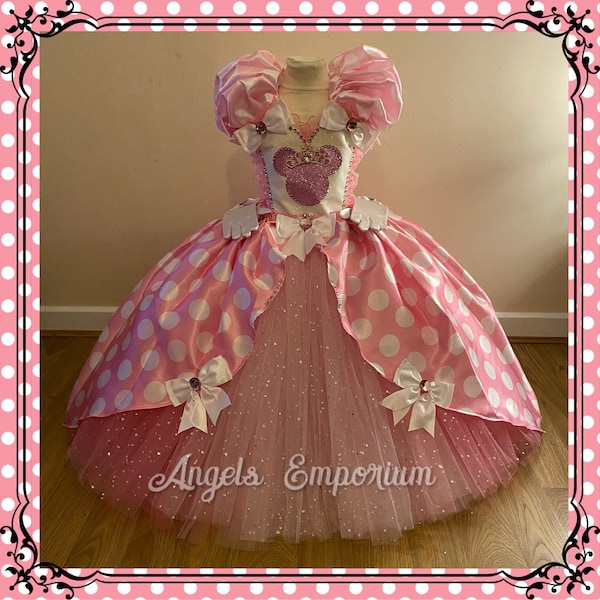 Luxury Pink Polka Dot Minnie Mouse Princess Tutu Dress Baby Pink & White Spotty Dotty Satin Ball Gown Birthday Party Pageant Wear Big Gems