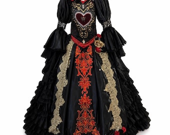 May include: A black floor-length gown featuring a central red heart motif on the bodice, gold lace accents, and voluminous ruffled sleeves. The skirt displays intricate red and orange embroidery, finished with a red hem and decorative fabric roses.